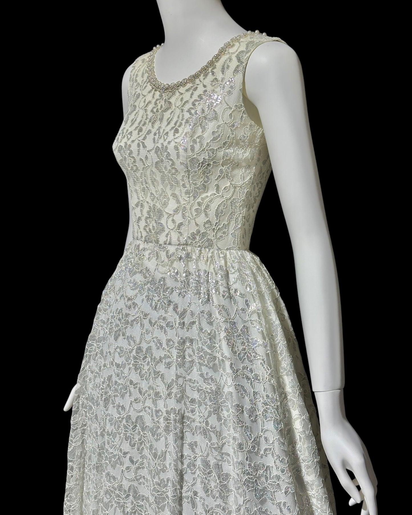 1960s vintage wedding dress, Full length white and silver lace princess evening gown