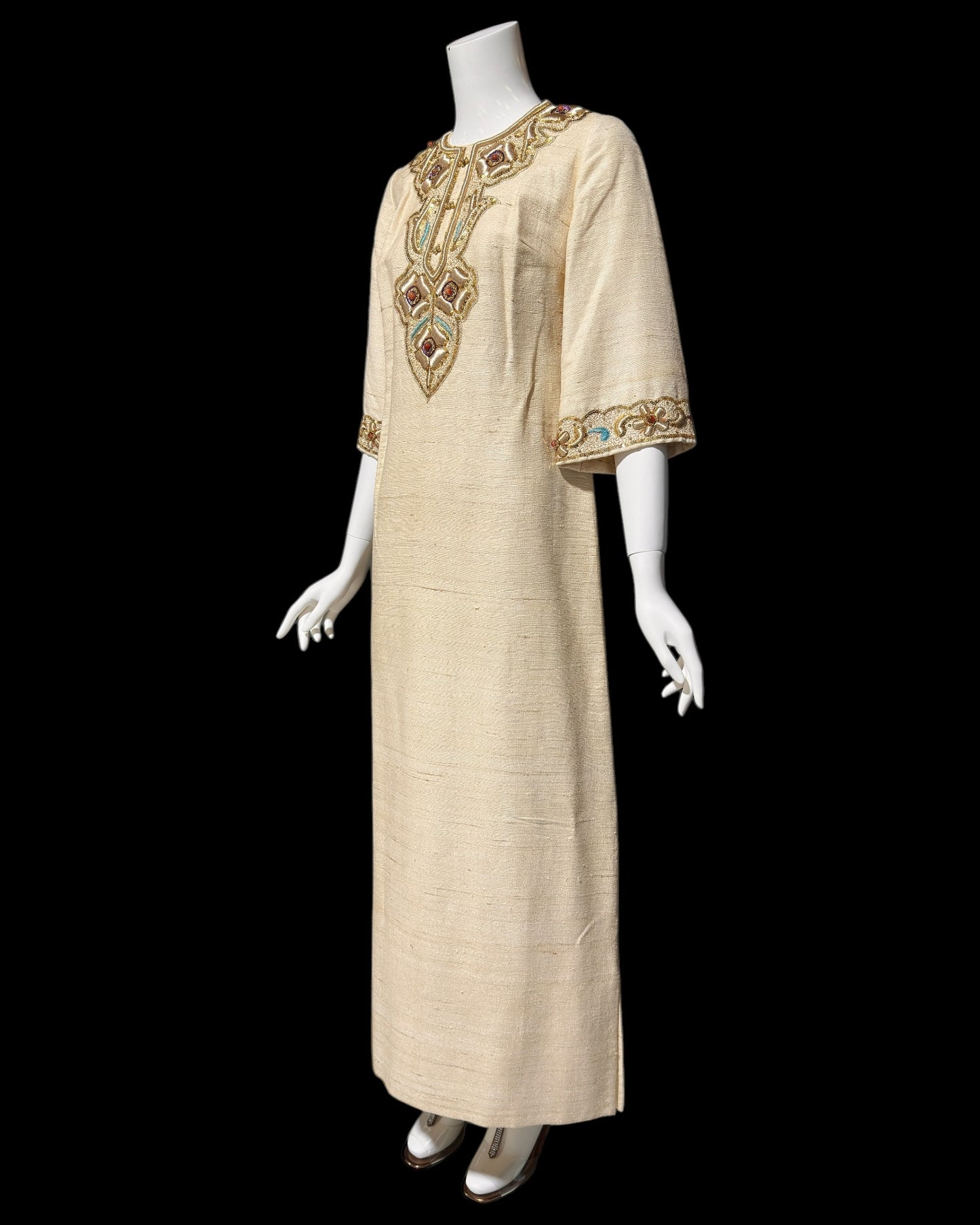 1960s vintage raw silk caftan dress, Custom made zardozi style embroidered Kaftan beaded evening gown