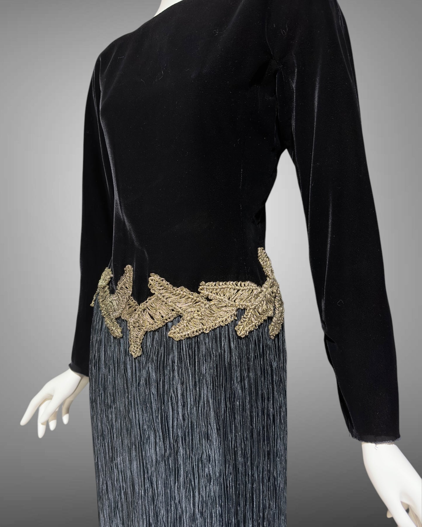 Mary McFadden evening dress, 1980s Black velvet fortuny pleats plisse cocktail party dress, SUITE 101 Beverly Hills