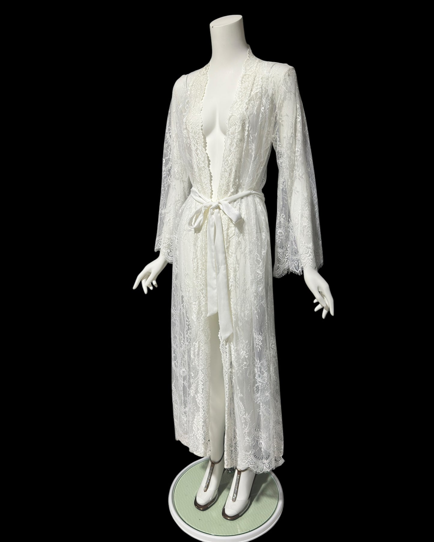 JONQUIL Diane Samandi, 1990s sheer white lace robe, see through feather weight white wrap dressing gown