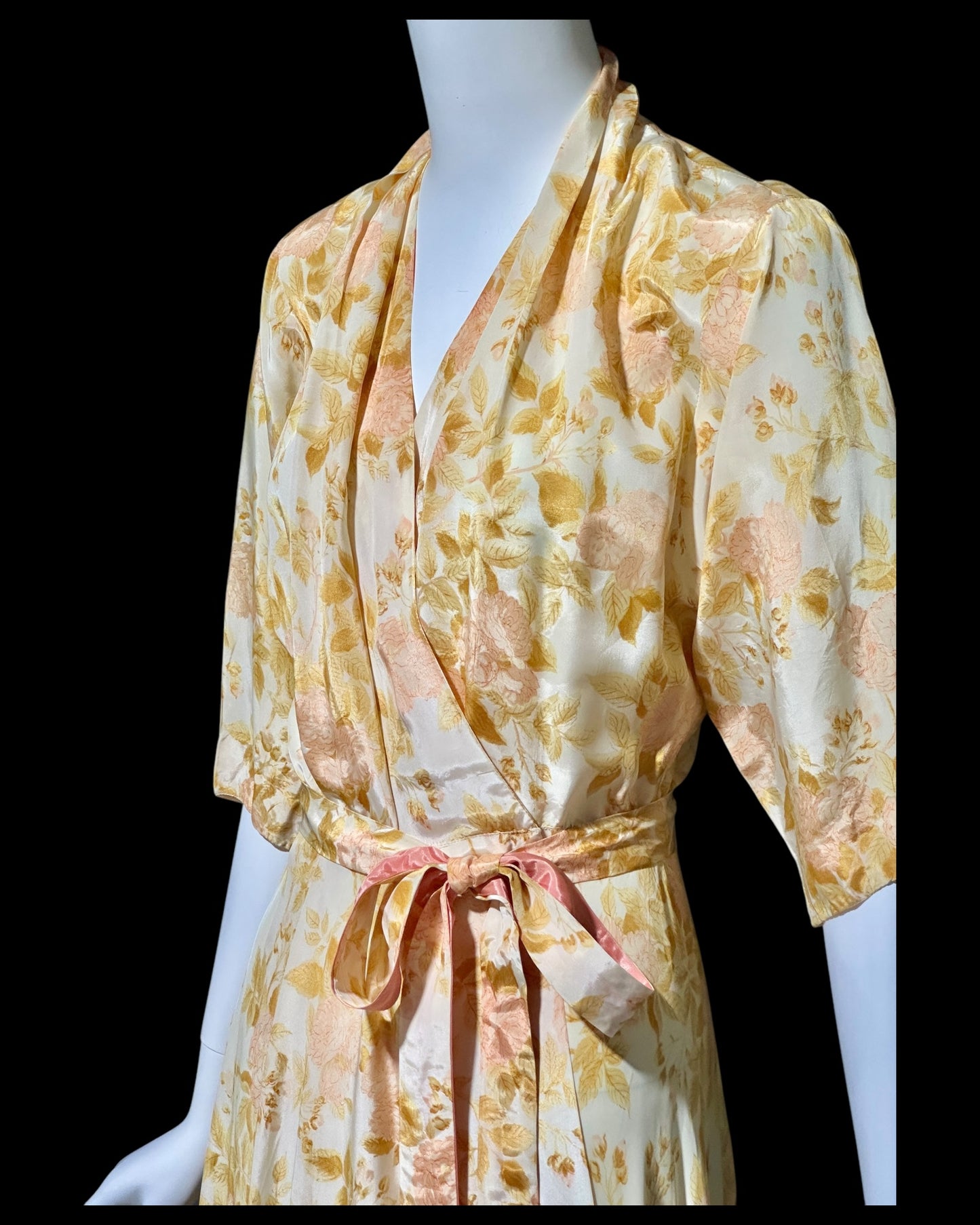 EVELYN PEARSON, vintage 1940s dressing gown robe, gold and pink floral wrap housecoat