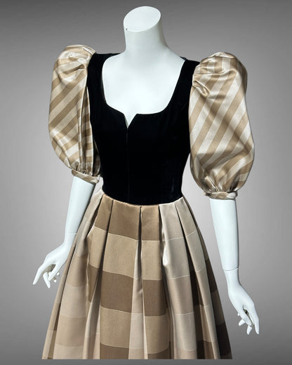 ANDRE LAUG vintage evening ball gown, 1970s Silk formal dress, black velvet brown mocha puffed sleeves