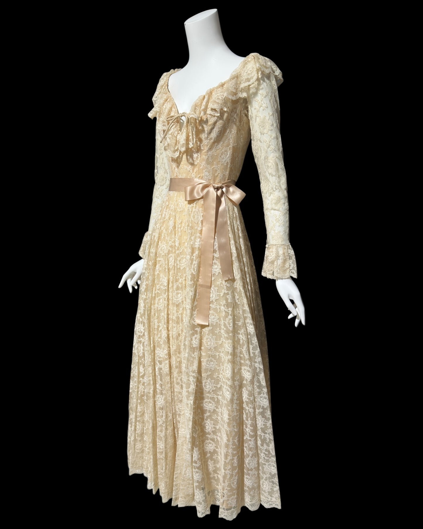 LES WILK 1970s vintage evening dress, lace beige ruffle deep V neckline full sweep wedding dress