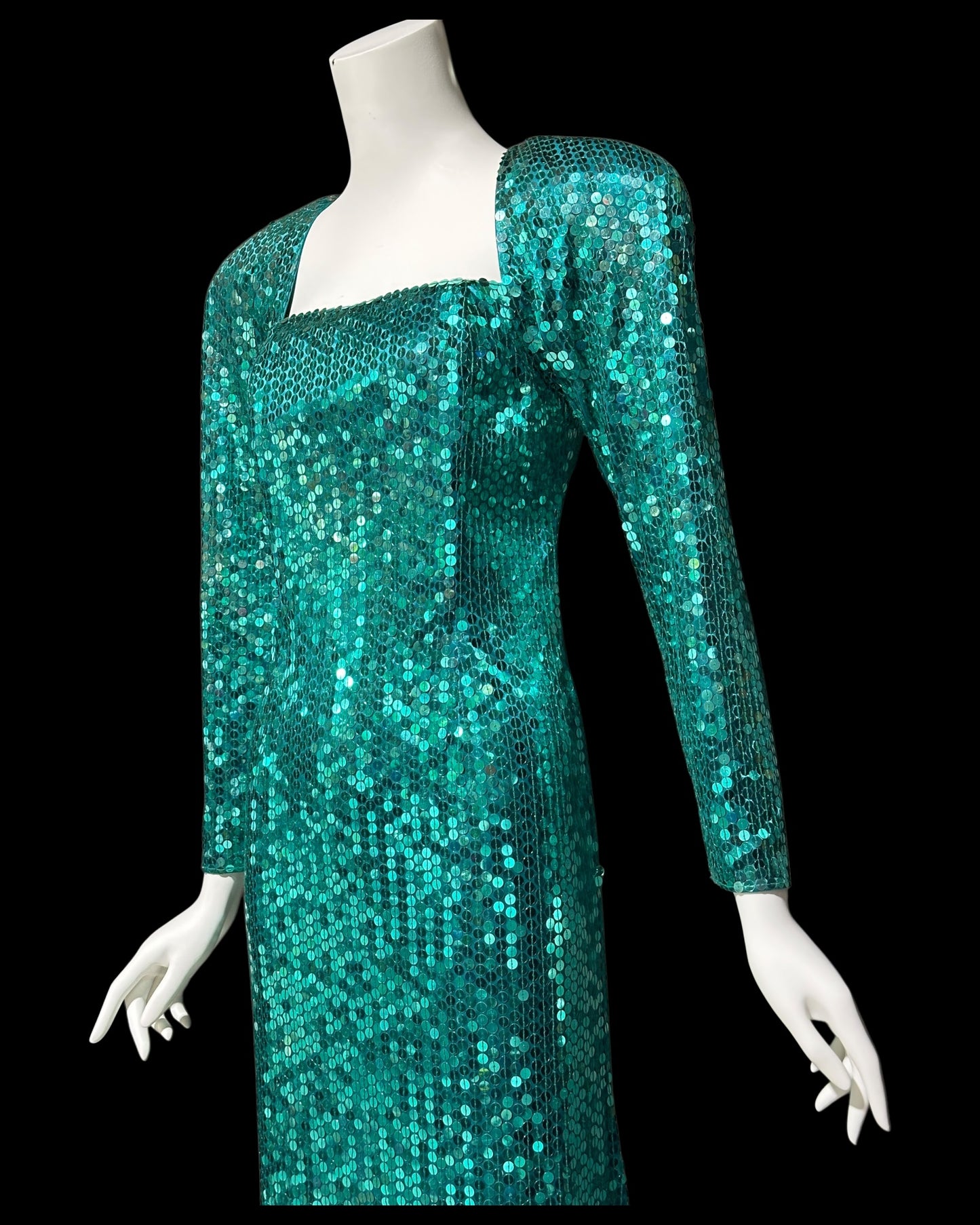 OLEG CASSINI vintage 1980s bodycon sequin gown, Mermaid teal green sheath gown with open back