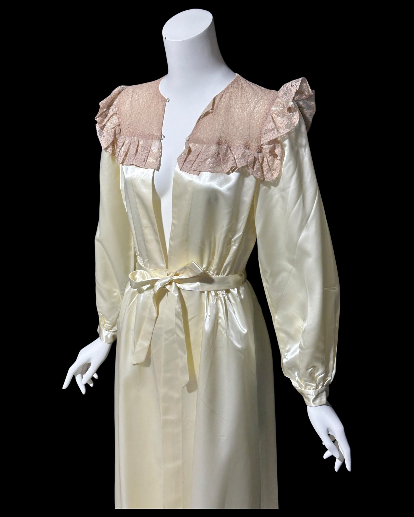 1930s vintage satin dressing gown robe, shiny candlelight and pink lace peignoir housecoat