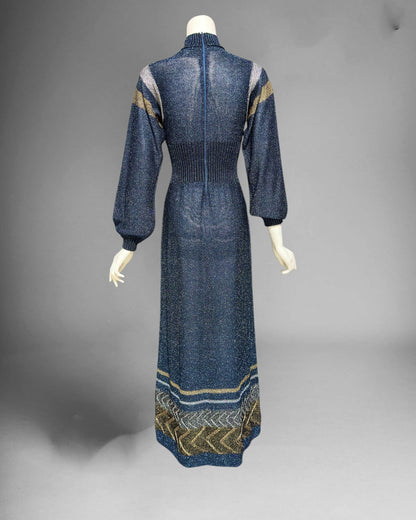 WENJILLI lurex maxi dress, 1970s vintage Blue Metallic Knit Maxi Dress Turtle Neckline