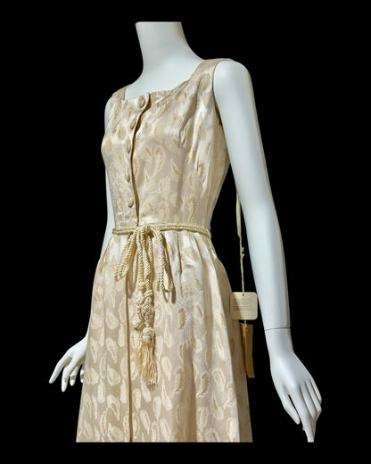 B. COHEN vintage 1940s silk dressing evening gown, house dress, ivory gold metallic feather button front