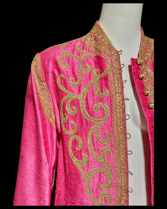 MOROCCAN KAFTAN vintage 1960s raw silk caftan evening dress, Hand Made Hot Pink and gold metallic