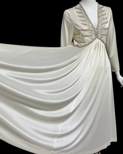 JACK BRYAN, vintage 1970s white jersey knit evening wedding dress with beaded bodice