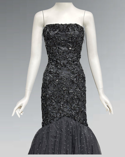 DAVID FIELDEN, 1980s Neiman Marcus, Black lace Mermaid sequin gown