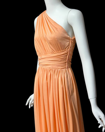 OLE BORDEN for Lillie Rubin, 1970s peach one shoulder evening gown, draped pleated grecian goddess gown