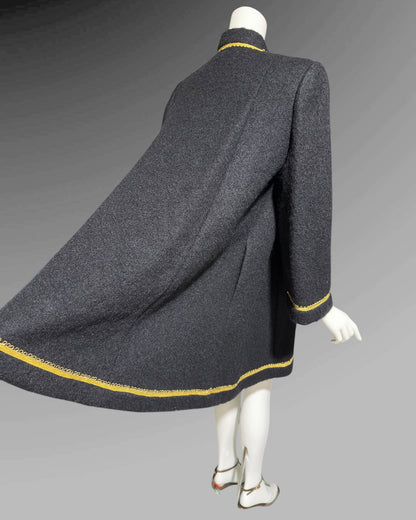 TRIGERE 1980s mohair swing coat, for SAKS 5th Ave Black mohair gold metallic cord