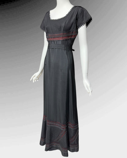 1960s vintage evening dress, Black and red satin gown, Pin tucks and see through lace