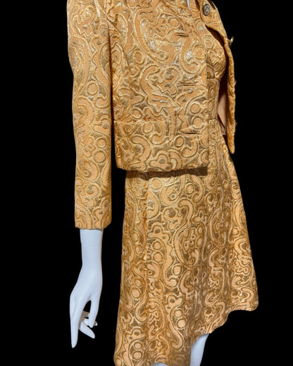 MALCOLM STARR Vintage dress jacket set, 1960s Apricot shiny gold brocade cocktail evening suit ensemble, dress and matching jacket