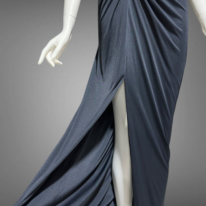 EUGENE ALEXANDER, vintage 1980s evening dress, Slinky Black sheath One Shoulder Grecian Goddess gown