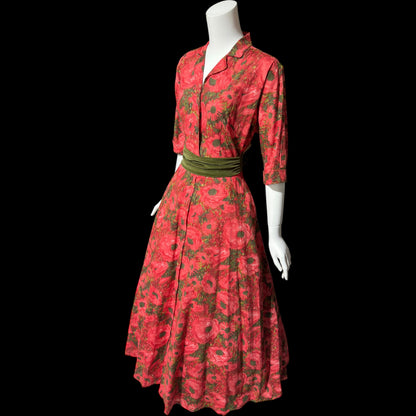 EVELYN PEARSON Lounging Apparel, vintage 1950s house dress, red and green floral cotton day dress