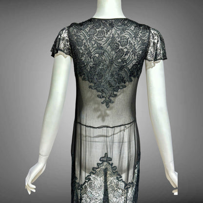 1930s vintage sheer black lace dress, wickedly sheer French lace sheath evening dress