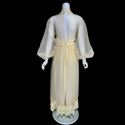 CYRELD PARIS, vintage 1970s yellow chiffon evening dress, WERLE Beverly Hills sheer bishop sleeves
