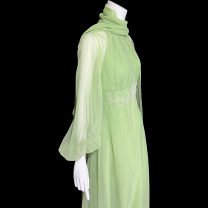 LILLIE RUBIN vintage 1970s green chiffon evening dress gown, Collection 700, matching scarf cape