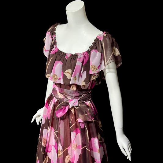 MIGNON New York, vintage 1970s floral Chiffon Maxi Dress, Chocolate Brown Hot Pink evening gown