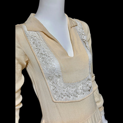 1920s vintage creamy yellow Hungarian style day dress with white lace antique flapper dress