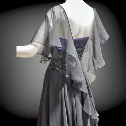 JEAN VARON, Made in England, vintage 1970s sequin and chiffon scarf evening dress