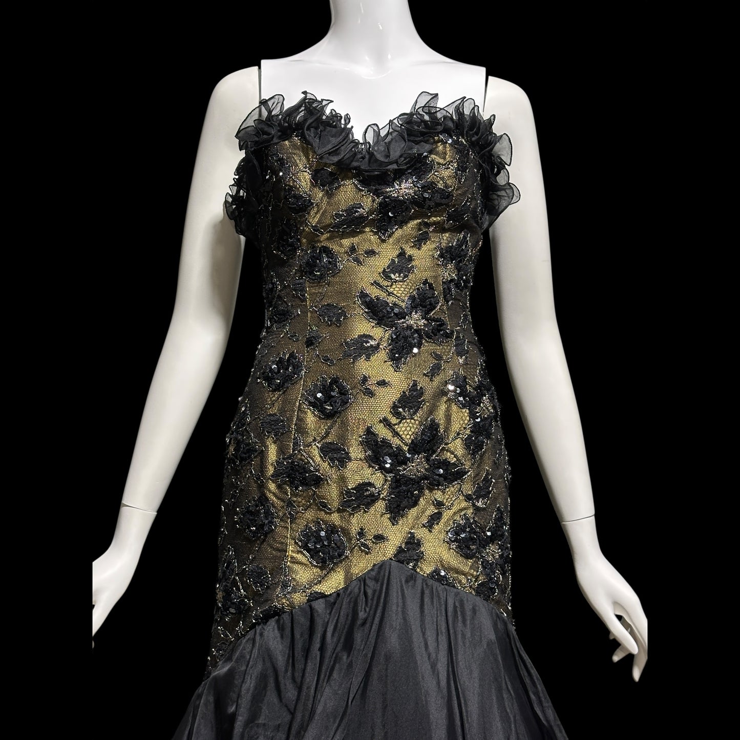DAVID FIELDEN vintage 1980s evening dress, Party Dress, Black and Bronze All Silk Hi Low Ruffle dress