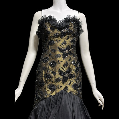 DAVID FIELDEN vintage 1980s evening dress, Party Dress, Black and Bronze All Silk Hi Low Ruffle dress