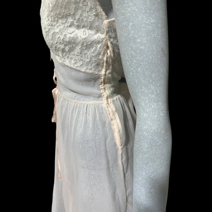 ODETTE BARSA vintage 1940s nightgown slip dress, Sheer pale pink with white lace full sweep Old Hollywood gown