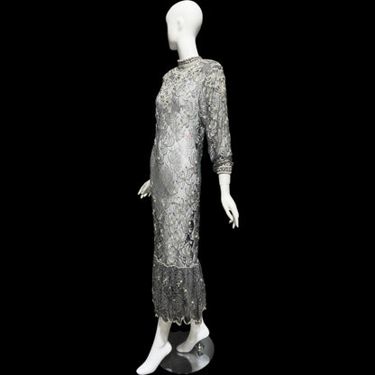 JUDITH ANN, Vintage 1980s sheer beaded dress, Black sheer mesh with beads, Hight neck with ruffle sheath cocktail party dress