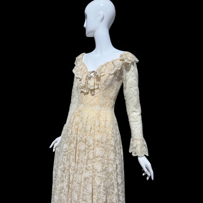 LES WILK 1970s vintage evening dress, lace beige ruffle deep V neckline full sweep wedding dress