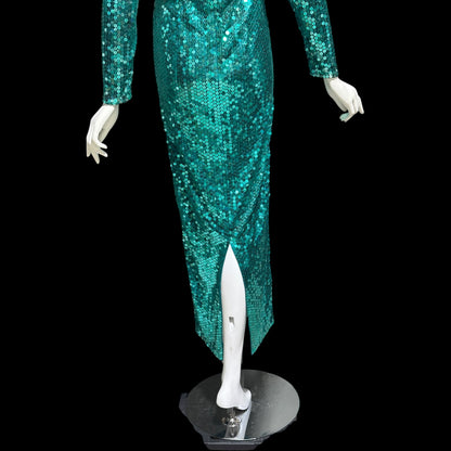 OLEG CASSINI vintage 1980s bodycon sequin evening gown, Mermaid teal green sheath gown with open back