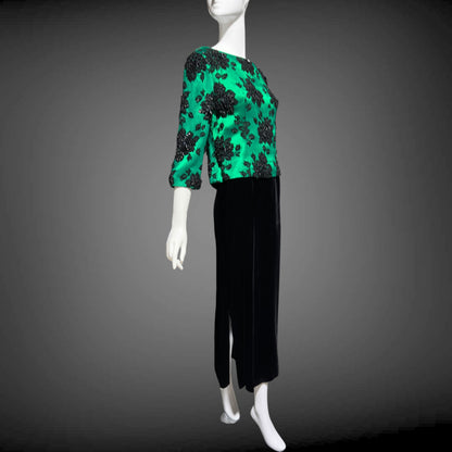SAKS FIFTH AVE 1960s vintage evening dress, Beaded Black Velvet Green Satin 2 piece long dress