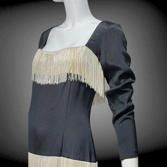 TRAVILLA vintage evening cocktail dress, 1960s black white fringed mod party dress