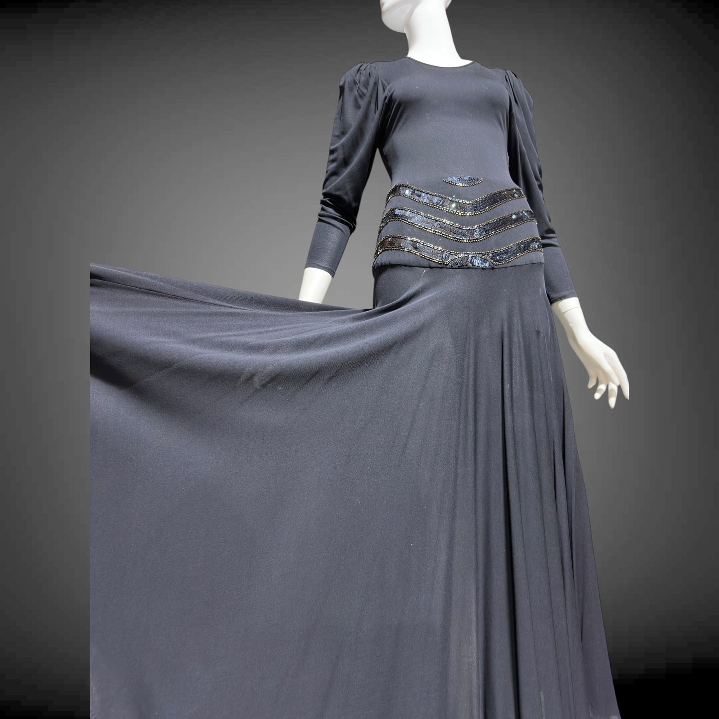 SAKS FIFTH AVENUE Made in England, 1970s evening dress, black jersey knit and sequins