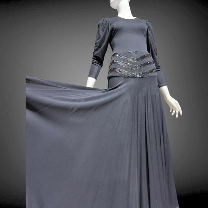 SAKS FIFTH AVENUE Made in England, 1970s evening dress, black jersey knit and sequins