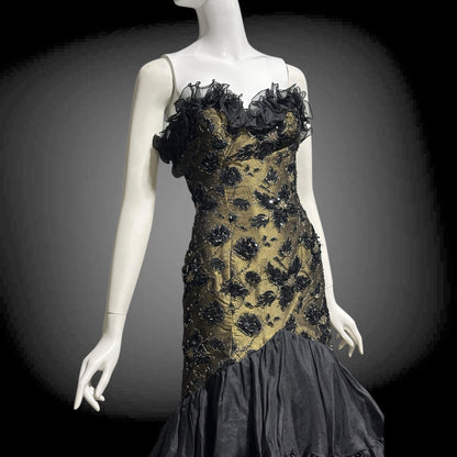 DAVID FIELDEN vintage 1980s evening dress, Party Dress, Black and Bronze All Silk Hi Low Ruffle dress