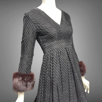 LILLIE RUBIN Vintage 1970s evening gown, Black eye lash Sparkly Gown with Fur Cuffs