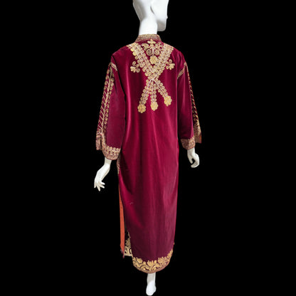 PROFILS du MONDE vintage Embroidered Moroccan kaftan,  1960s evening maxi coat dress, Beverly Hills Ruby Red velvet gold metallic
