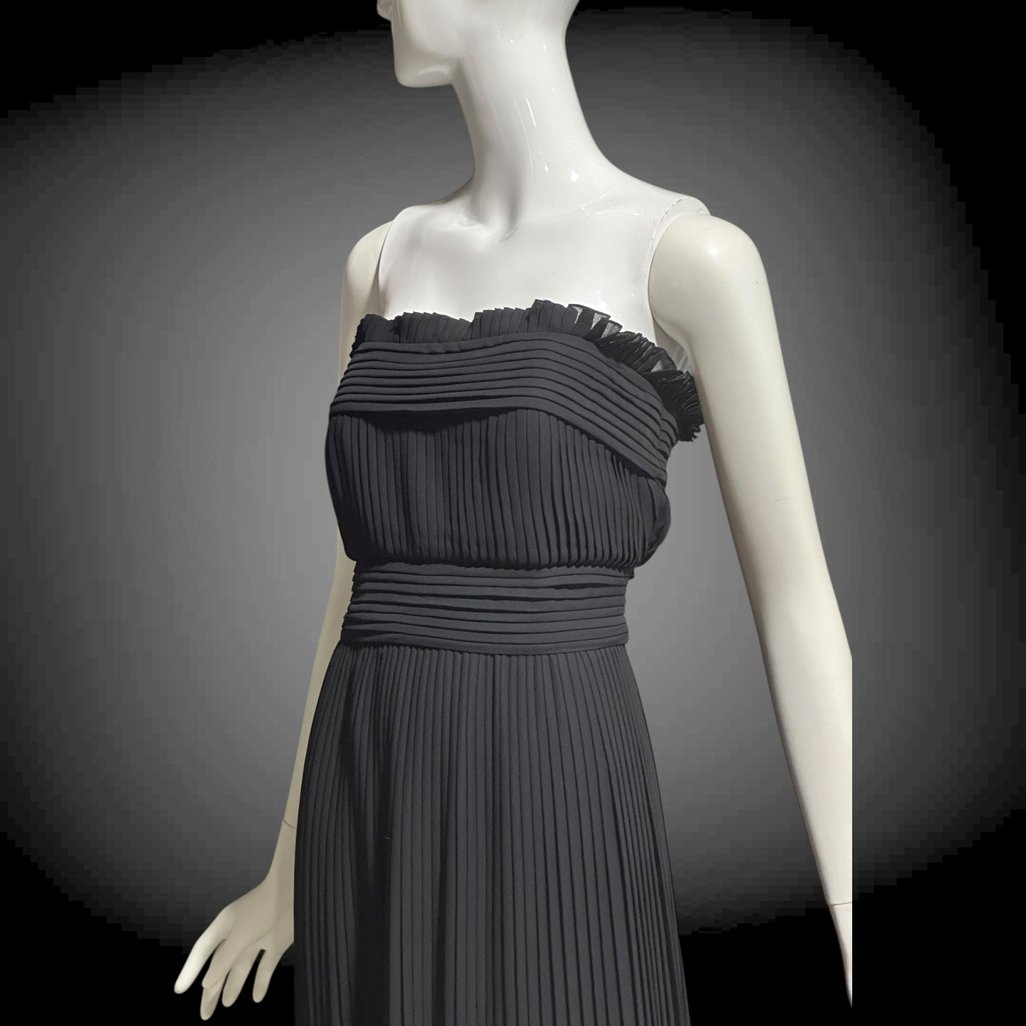 PILAR ROSSI COUTURE evening dress, vintage 1990s strapless pleated black gown