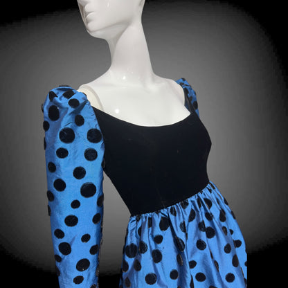 ADELE SIMPSON vintage 1960s evening dress, steel blue taffeta with black velvet flocked polka dots