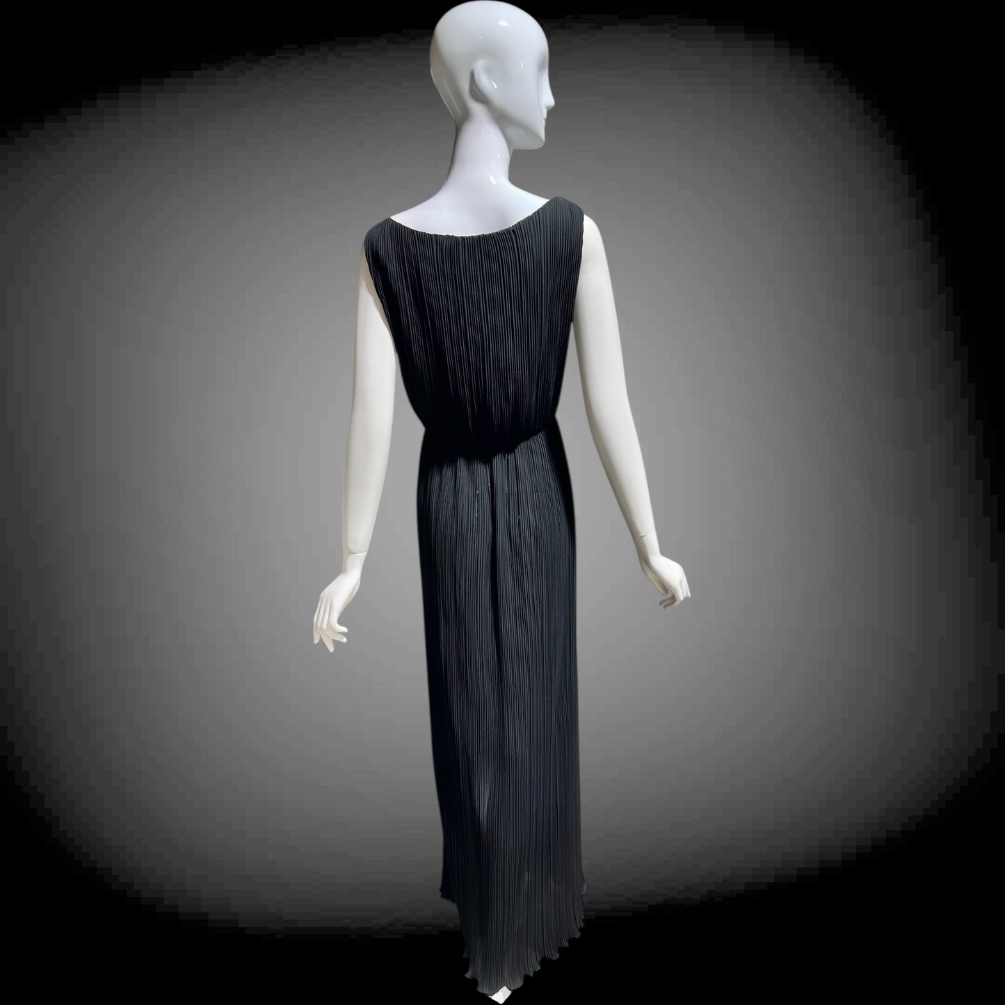 MARSHALL ROUSSO Las Vegas, vintage 1970s evening dress, black pleated plisse wrap front grecian goddess gown