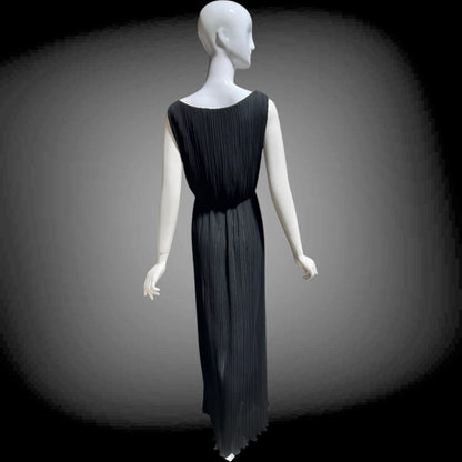 MARSHALL ROUSSO Las Vegas, vintage 1970s evening dress, black pleated plisse wrap front grecian goddess gown