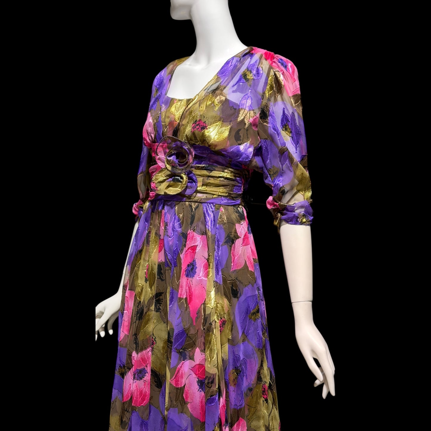 FRANK USHER LONDON, vintage 1970s evening dress, jewel tone floral chiffon with gold metallic