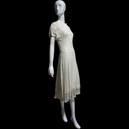 1970s vintage white crochet dress, all cotton blouson shirtdress, midi length