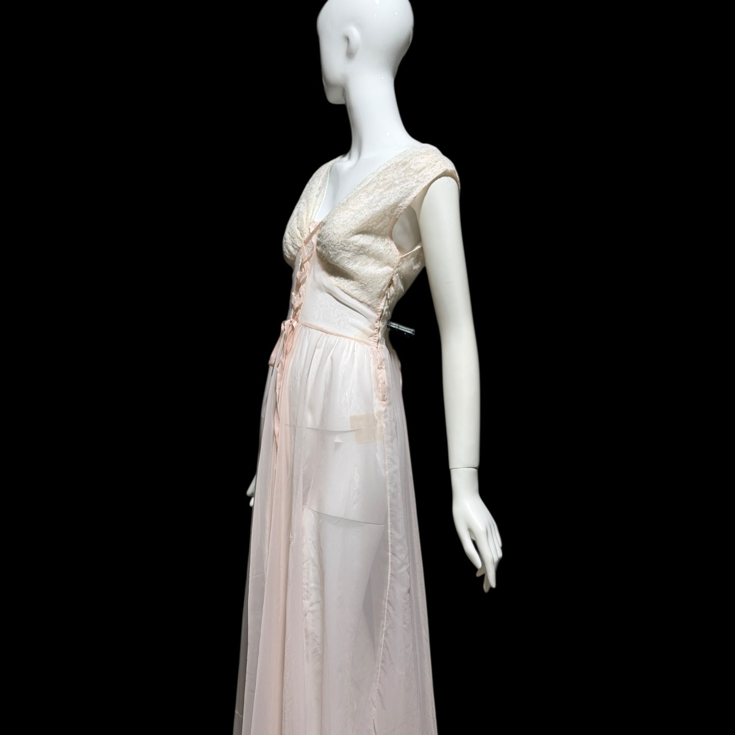 ODETTE BARSA vintage 1940s nightgown slip dress, Sheer pale pink with white lace full sweep Old Hollywood gown