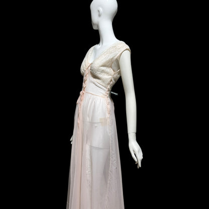 ODETTE BARSA vintage 1940s nightgown slip dress, Sheer pale pink with white lace full sweep Old Hollywood gown