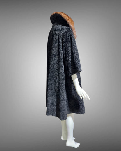 LILLI ANN 1950s vintage swing coat, Black boucle evening swing coat with mink collar