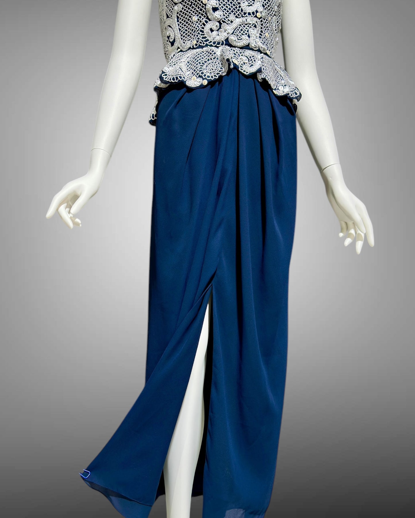 FABRICE SILHOUETTE 1980s vintage evening dress, Navy Blue and white beads and sequins strapless peplum formal gown