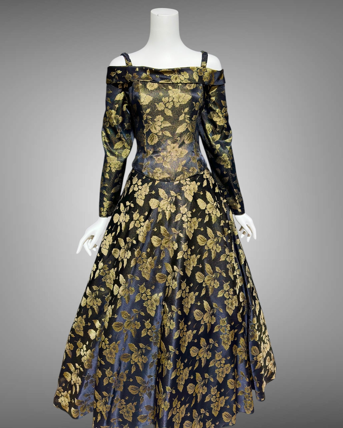 CHRIS KOLE 1980s vintage evening dress, Black and gold damask, long sleeve off the shoulder ball gown